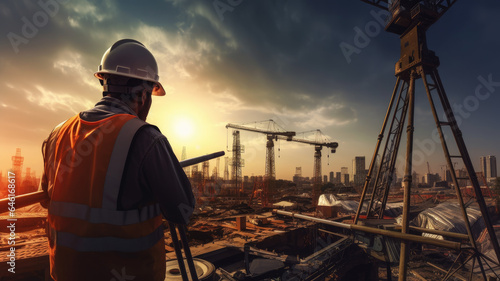 Engineer observing a construction site with a partially built structure during the sunset.