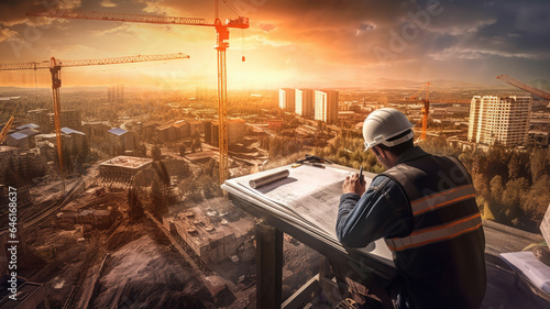 As the sun sets, an engineer manages a construction site with an ongoing building project.