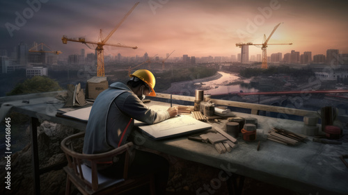 engineer is on-site during the construction of a building as the sun sets.