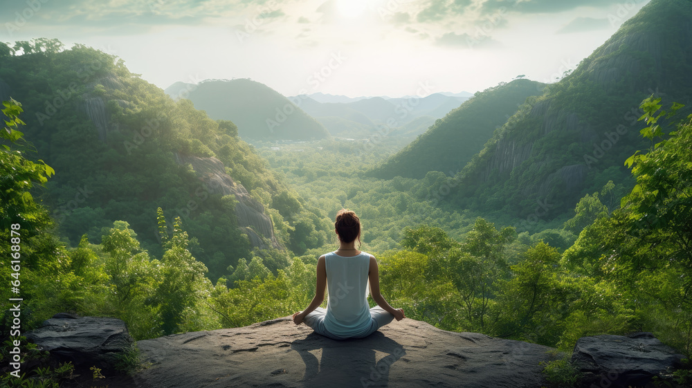 Fototapeta premium young man sits in meditation, adopting the lotus position high on a mountain during sunset.
