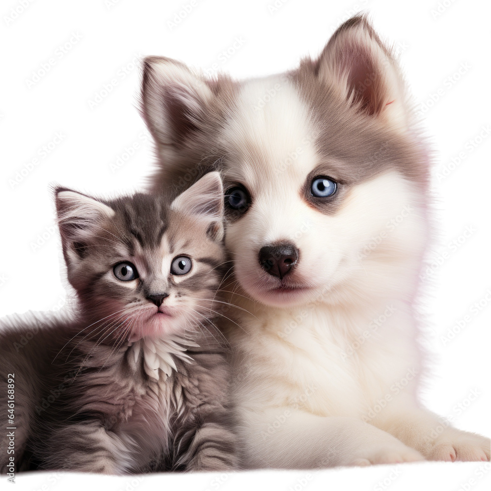 transparent background with Siberian Husky puppy and Scottish kitten hugging