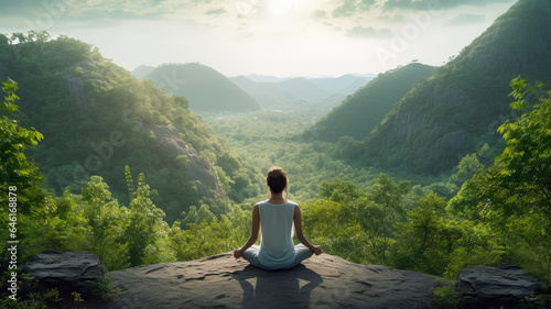 young man sits in meditation, adopting the lotus position high on a mountain during sunset. © sri