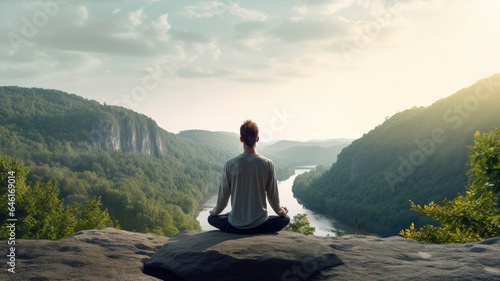 Meditating in lotus position  a young man finds inner peace on a mountain at sunset.