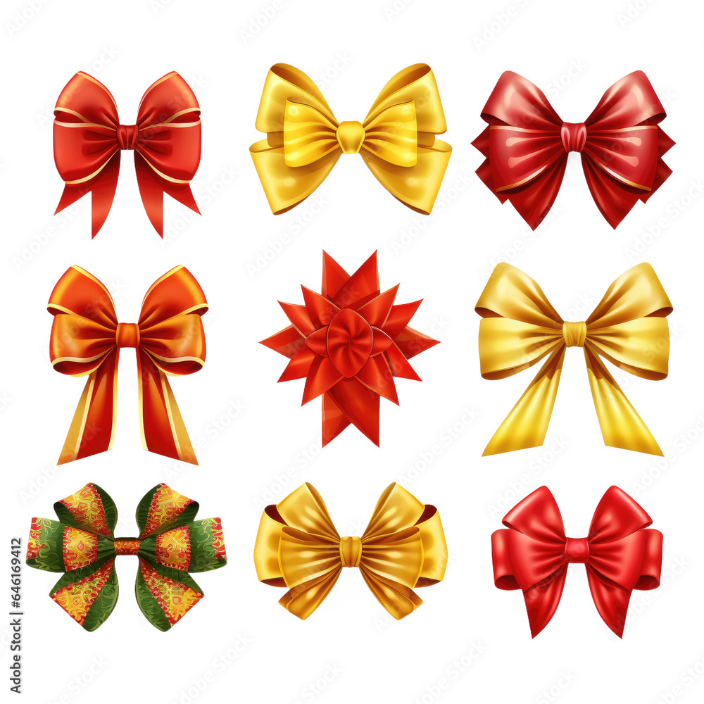 a collection of christmas ribbons and bows isolated on a transparent background, generative ai