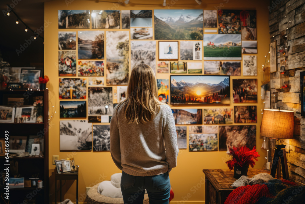 A person showcases a gallery wall adorned with vintage family holiday photos and modern digital frames displaying recent memories, weaving together the tapestry of holiday traditions. Generative Ai.