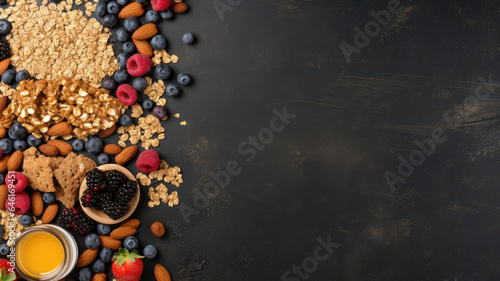 nutritious breakfast featuring granola, berries, and yogurt against a black backdrop. Space for text.