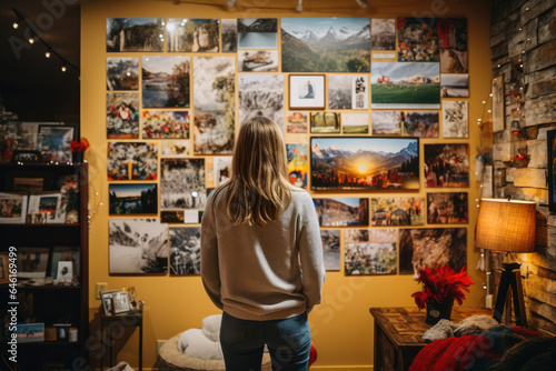 A person showcases a gallery wall adorned with vintage family holiday photos and modern digital frames displaying recent memories, weaving together the tapestry of holiday traditions. Generative Ai.