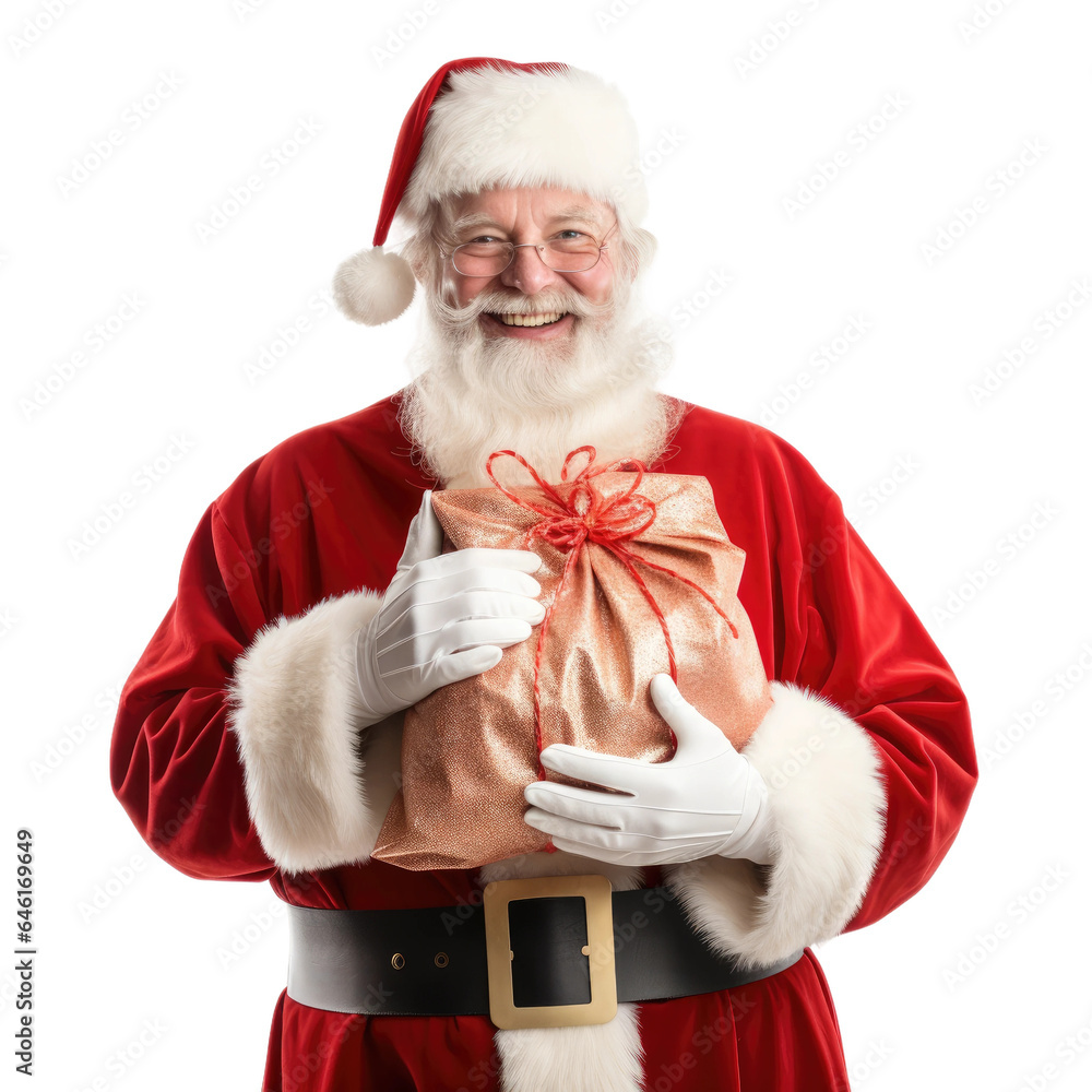 a jolly santa claus holding a sack of gifts isolated on a transparent background, generative ai - obrazy, fototapety, plakaty 