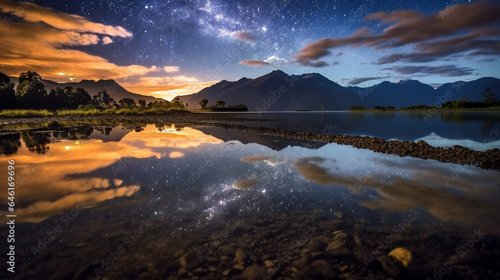 Fantastic starry night over the lake with stars reflecting in the water