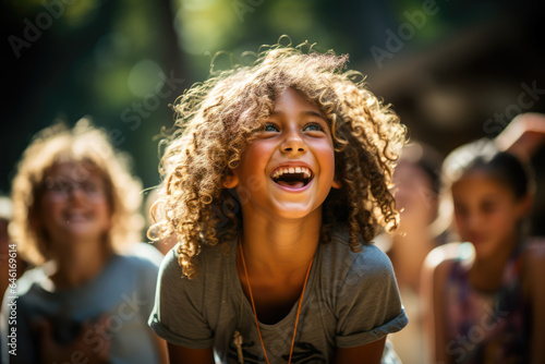 A person captures the laughter and excitement of children participating in a summer camp organized within their community, fostering friendship and growth. Generative Ai.