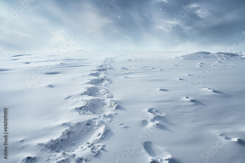 A person's footprints leave trails in the snow, capturing the textured imprints of winter exploration. Generative Ai.
