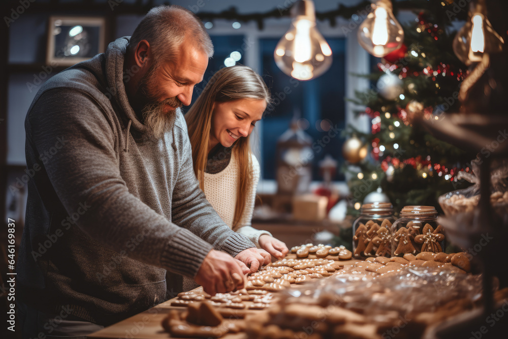 A family bakes batches of gingerbread cookies, continuing the tradition of creating festive treats that fill the house with the scent of the holidays. Generative Ai.