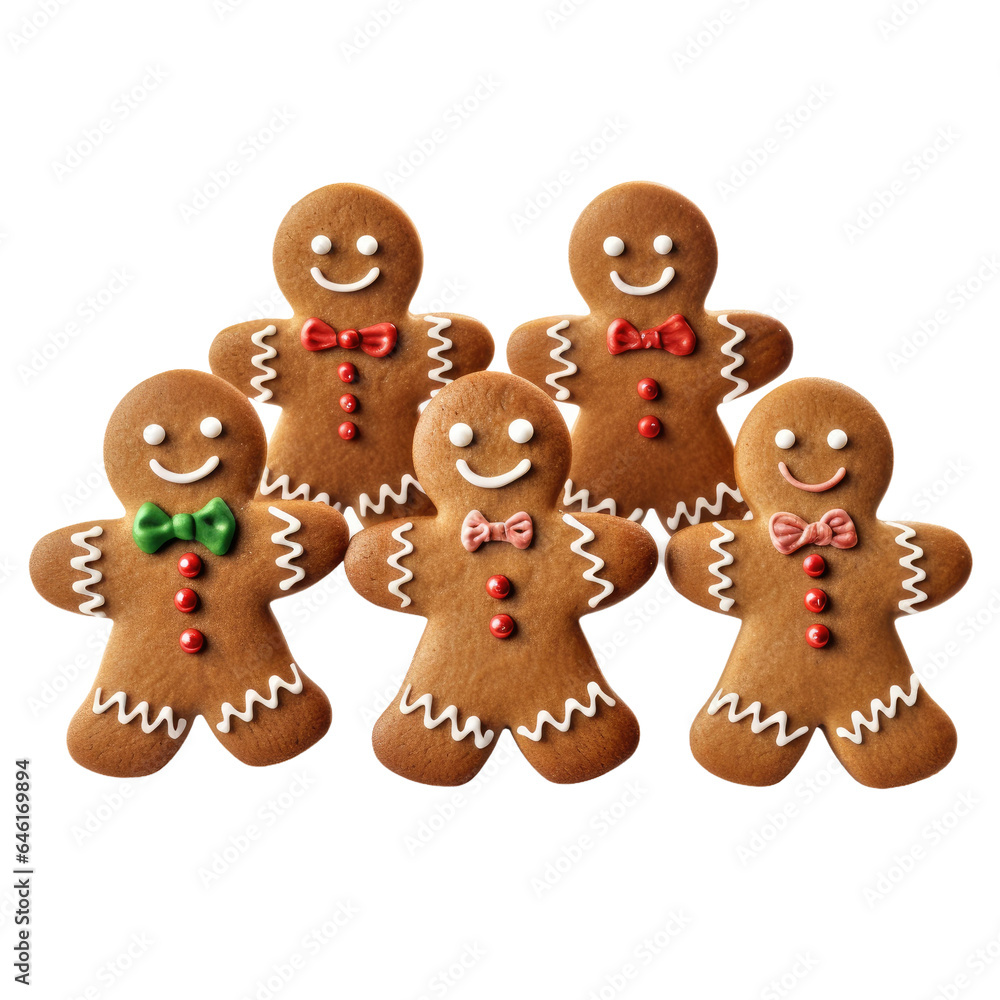 a set of christmas gingerbread men isolated on a transparent background, generative ai