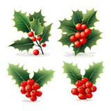 a set of christmas holly with red berries isolated on a transparent background, generative ai