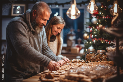 A family bakes batches of gingerbread cookies  continuing the tradition of creating festive treats that fill the house with the scent of the holidays. Generative Ai.