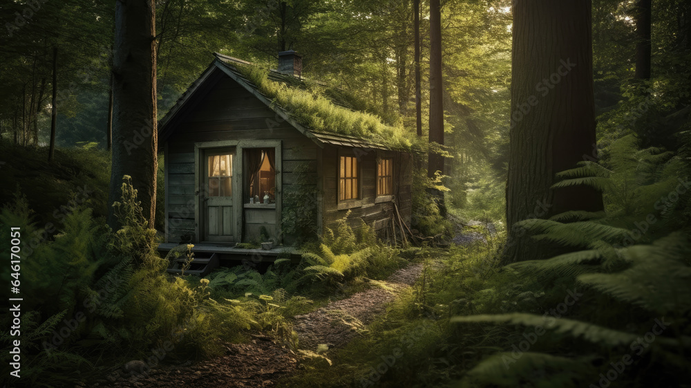 wooden cottage nestled in a pine forest bathed in the warm sunlight.