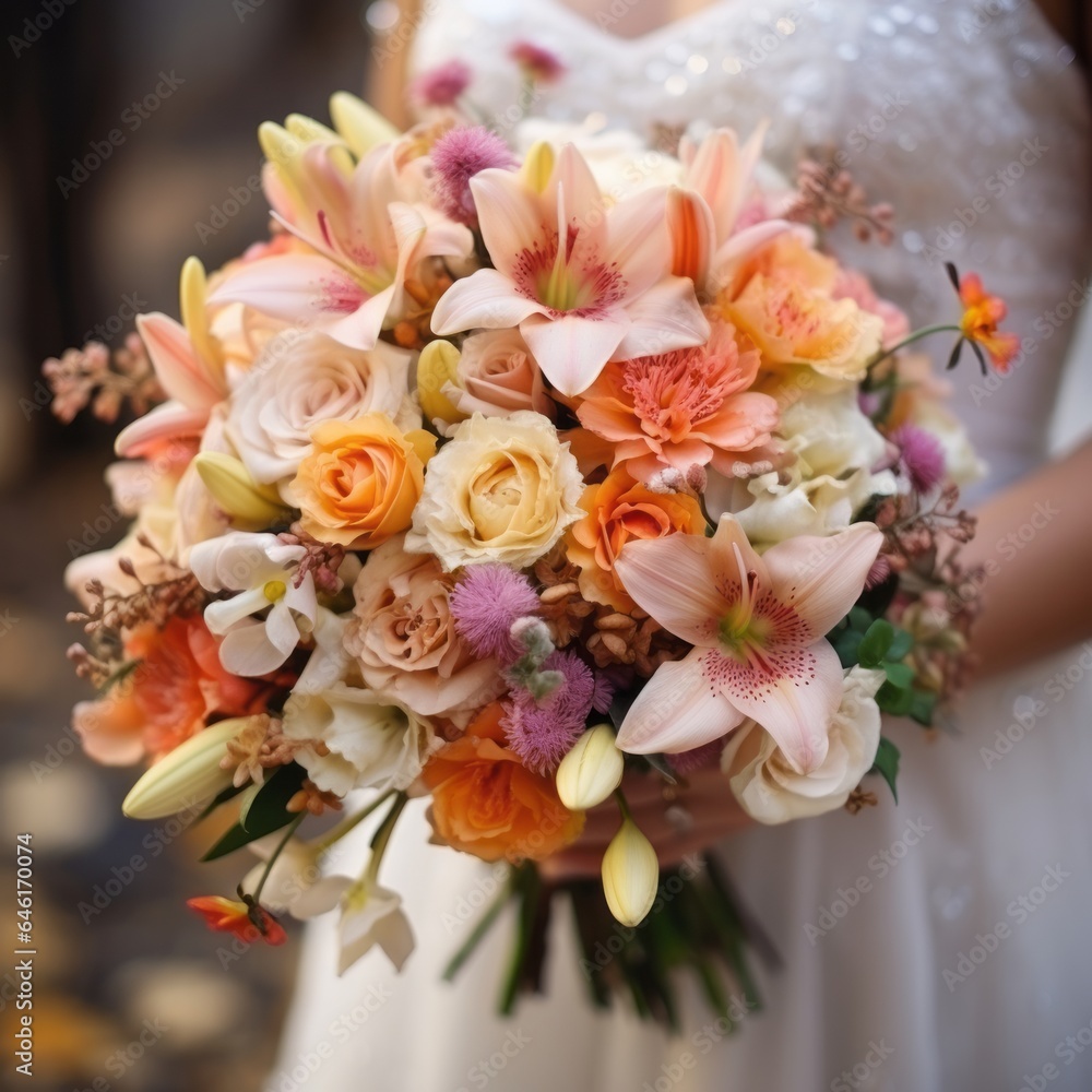 a blooming bouquet in the hands of a joyful bride, Generative AI a blooming bouquet in the hands of a joyful bride, Generative AI