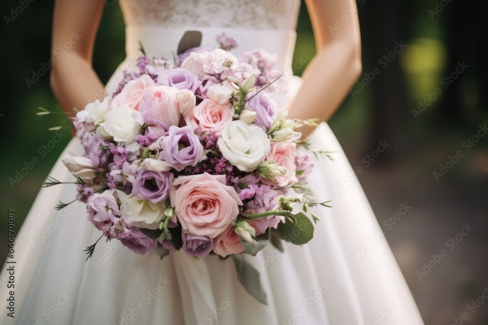 a blooming bouquet in the hands of a joyful bride, Generative AI a blooming bouquet in the hands of a joyful bride, Generative AI