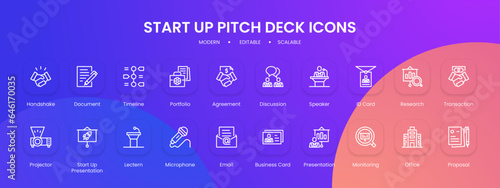 Start up pitch deck icon collection with black outline style. social media, seo, enterprise, concept, clean design, cycle, modern. Vector Illustration