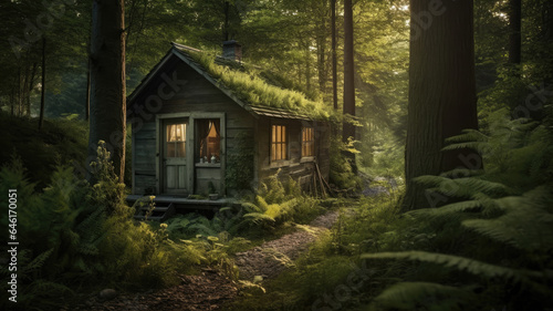 wooden cottage nestled in a pine forest bathed in the warm sunlight. © sri
