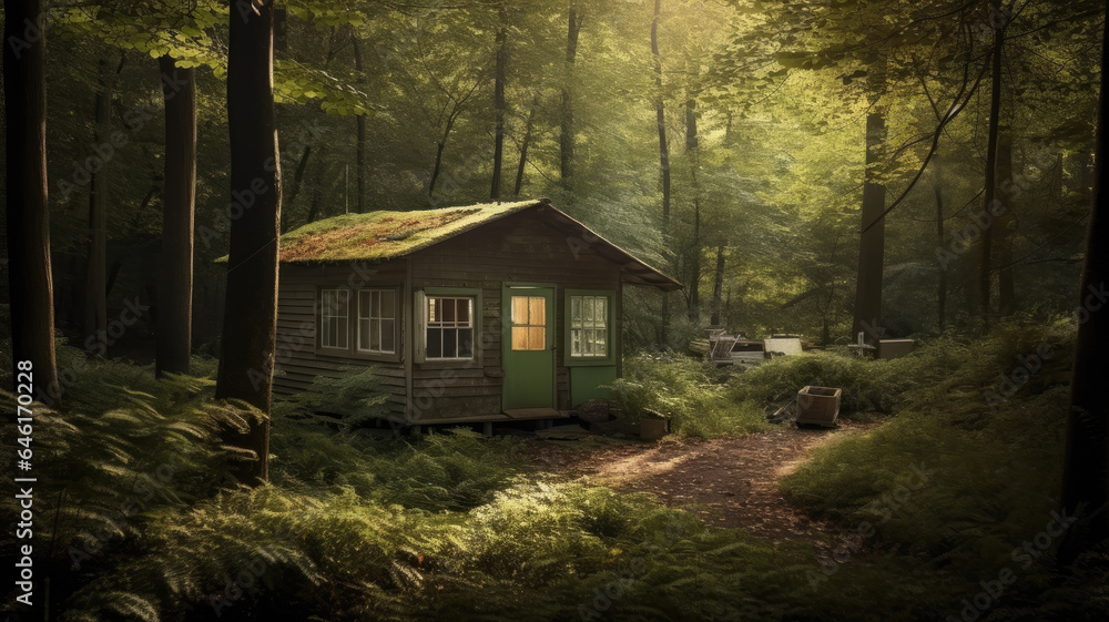 pine forest bathed in sunlight serves as the backdrop for a charming wooden cabin.