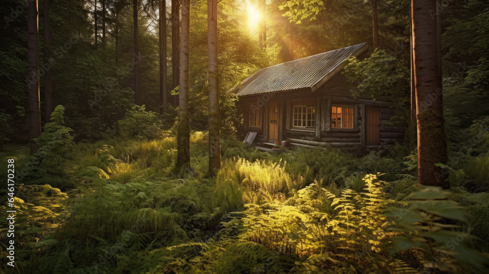 wooden cottage is set against the backdrop of a sun-kissed pine forest.