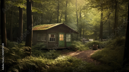 pine forest bathed in sunlight serves as the backdrop for a charming wooden cabin.