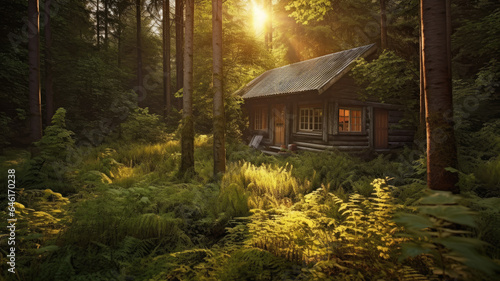wooden cottage is set against the backdrop of a sun-kissed pine forest.