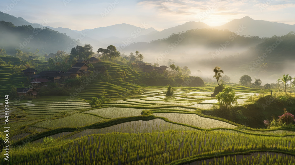 the sun rises, the terraced rice fields unveil their beauty in the morning light.