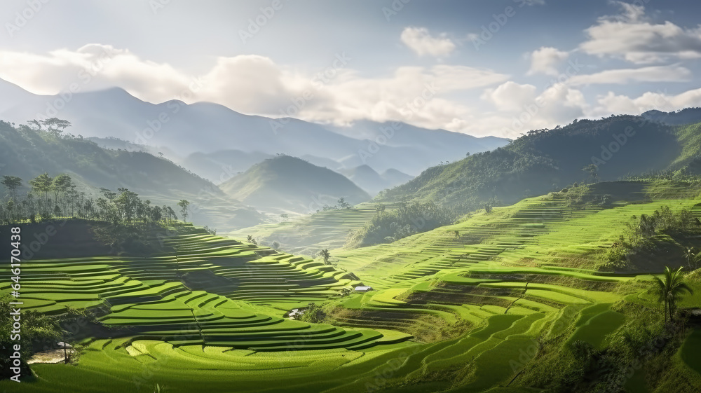 The terraced rice fields are bathed in the first light of sunrise, creating a mesmerizing scene.
