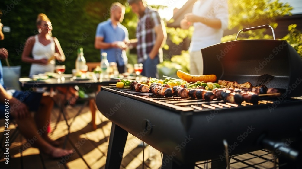 Group of friends having party outdoors. Focus on barbecue grill with food. Space for text : Generative AI Group of friends having party outdoors. Focus on barbecue grill with food. Space for text : Generative AI