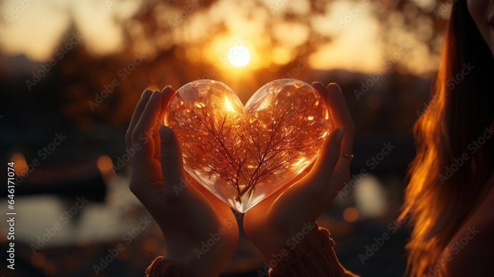 Female hands in the form of heart against the sky pass sun beams. Hands in shape of love heart : Generative AI Female hands in the form of heart against the sky pass sun beams. Hands in shape of love heart : Generative AI