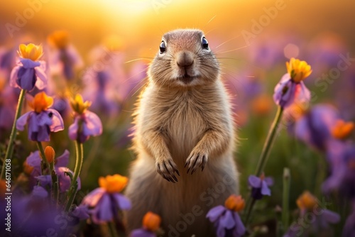 Small and lovely ground squirrel on a meadow among flowers during warm spring sunset. Very surprised, with its mouth opened. Peaceful, relaxing, amazing and funny : Generative AI