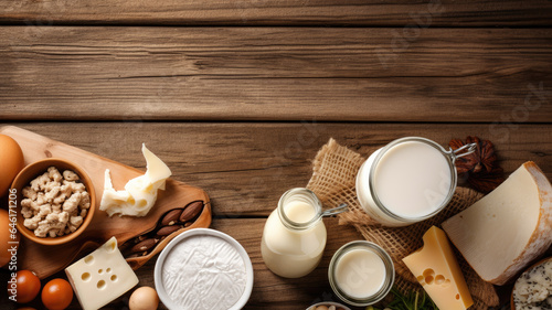 top-down view of dairy products set against a rustic wooden background. Space reserved for your text or artwork.