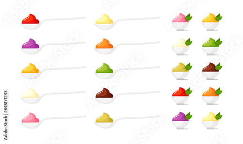 Ice cream, sauces, yogurts, puree and dips in white bowls and spoons. Vector cartoon set of baby food, mayonnaise, fruit yoghurts, chocolate mousse, wasabi, ketchup and creamy vanilla desserts in cups