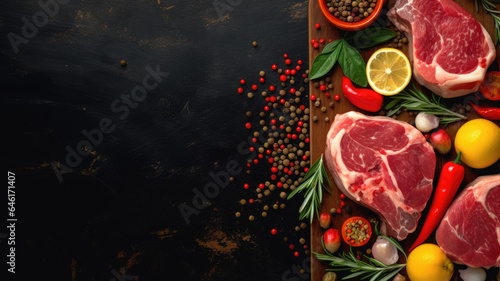 Featuring meat slices and essential steak components against a dark culinary backdrop