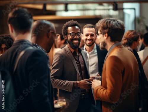 Creative men talking at networking event, sharing startup ideas and discussing new innovation at business conference. Diverse group of people meeting, collaborating or having a convers : Generative AI
