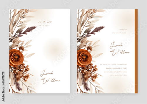 Red rose modern wedding invitation rustic boho watercolor template with floral and flower