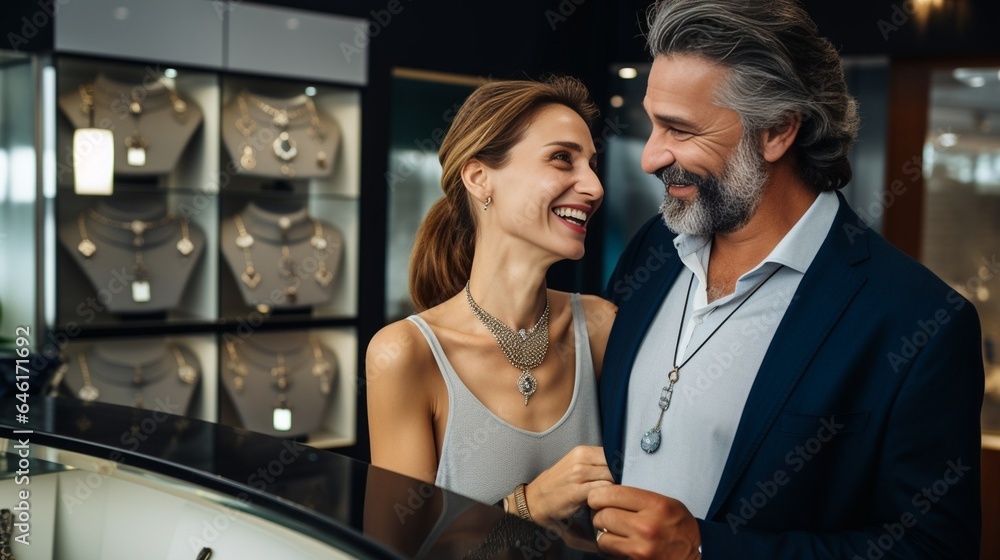 Beautiful couple enjoying in shopping at modern jewelry store. Young woman try it out gorgeous necklace and earrings. Fashion style and elegance concept. : Generative AI