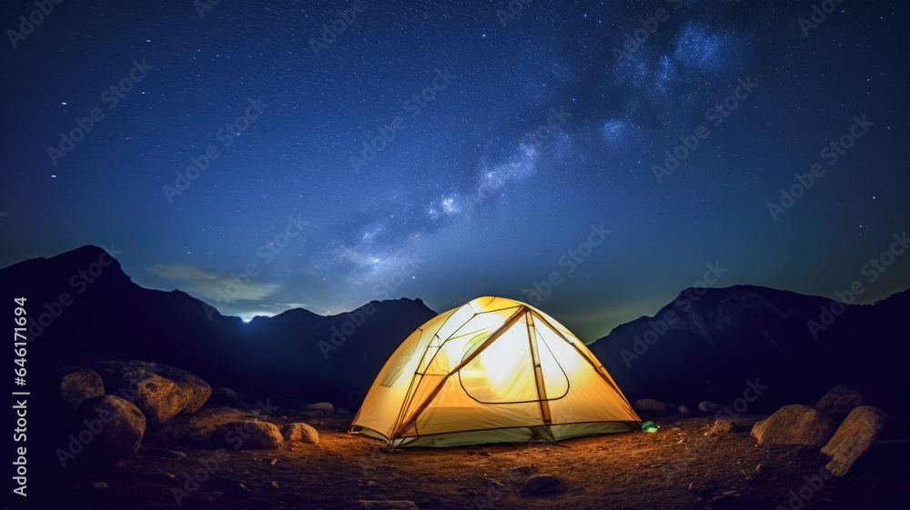 Pitching a tent in the mountains at night.