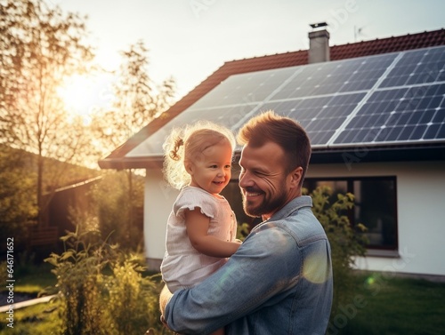 Rear view of dad holding her little girl in arms and showing at their house with installed solar panels. Alternative energy, saving resources and sustainable lifestyle concept. : Generative AI photo