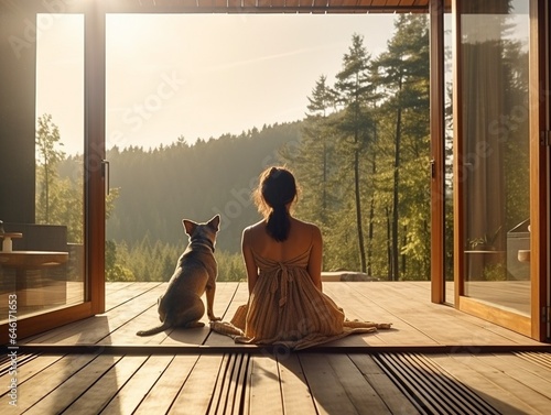 Obraz na płótnie Woman enjoys the nature while sits on sunbed on wooden terrace near the modern house with panoramic windows near pine forest while hugs her pet