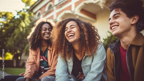 Group of multiracial best friends laughing together outdoor - Mixed race students having fun at college campus - Friendship, tourism, community, youth and university concept. : Generative AI © Generative AI