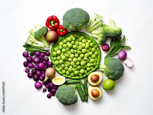 Creative layout made of green peas, cabbage, sweet potato, avocado, tomato, onion, beetroot, pepper, aubergine, artichoke, broccoli and cucumber on the white background. Flat lay. Food : Generative AI