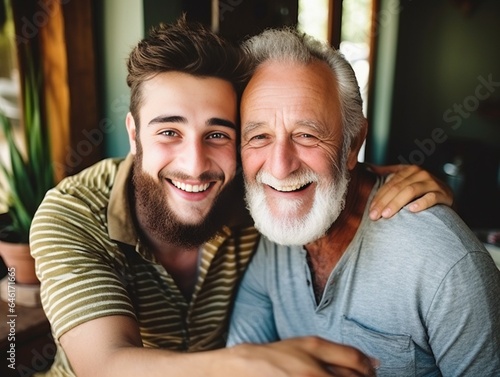 Adult hipster son fun hugging old senior father at home, two generations have a beard talking together and relaxing with smile, 2 man happy enjoy to living at home in father's day with : Generative AI