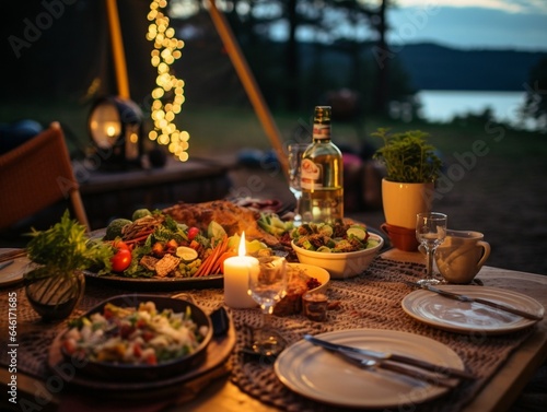 A horizontal shot of Dinner while Glamping : Generative AI