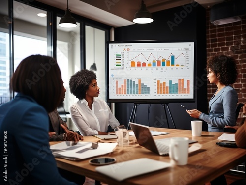 Diverse Office Conference Room Meeting: Successful Black Female Executive Director Presents e-Commerce Fintech Growth Statistics to a Group of Investors. Whiteboard with Big Data Analy : Generative AI