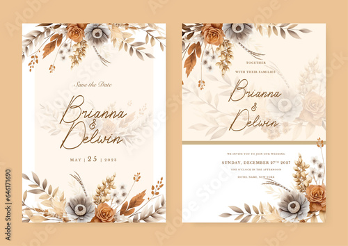 Gray and orange poppy rose modern wedding invitation rustic boho watercolor template with floral and flower