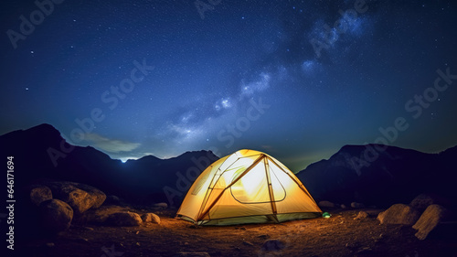 Pitching a tent in the mountains at night. © sri