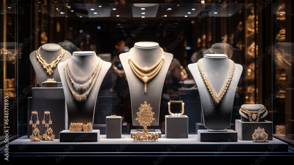 Jewelry diamond rings and necklaces show in luxury retail store window display showcase : Generative AI - obrazy, fototapety, plakaty 